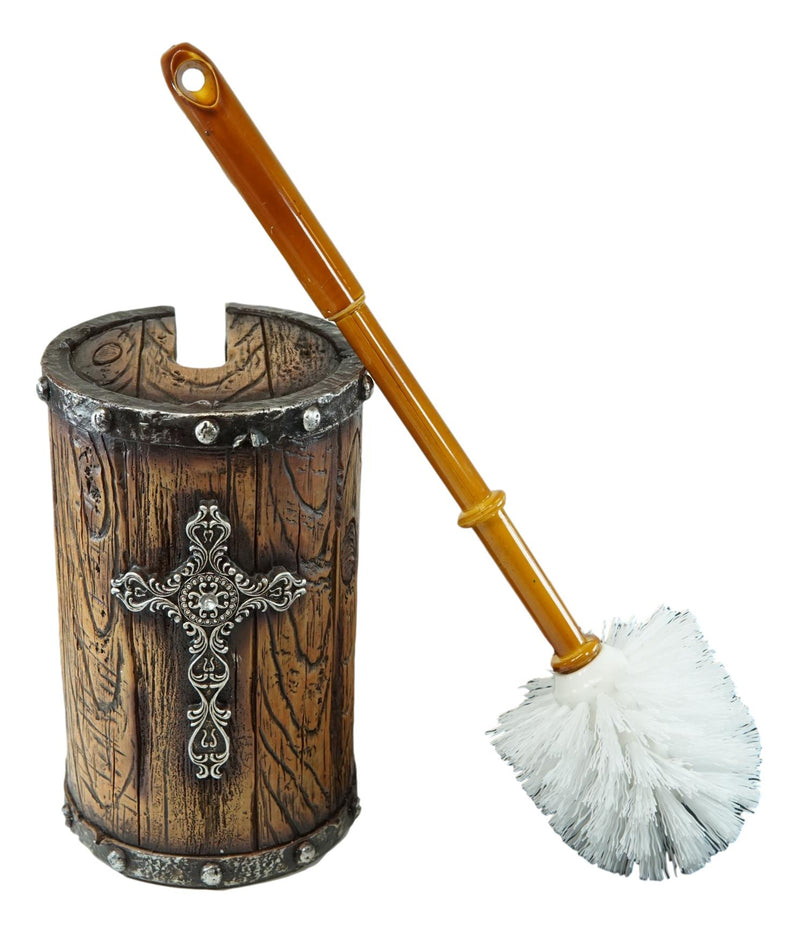 Country Rustic Western Silver Scroll Cross Faux Wood Toilet Brush And Holder Set