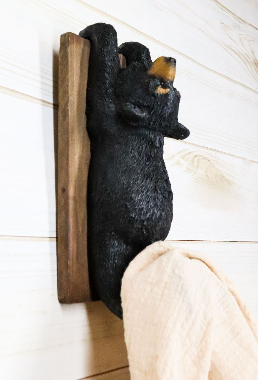 Whimsical Rustic Western Black Bear Clinging On Faux Wood Plank Wall Coat Hook - Ebros Gift