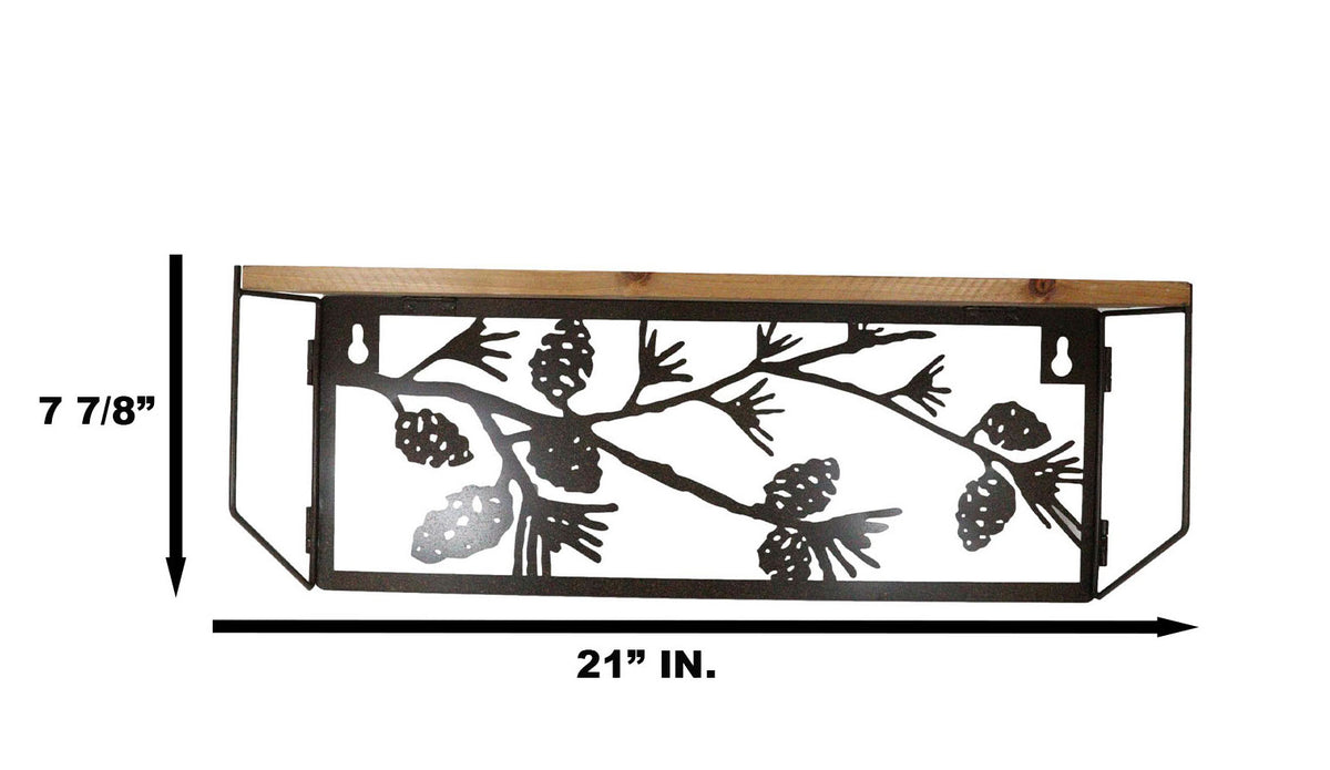 Western Rustic Forest Woodlands Pinecones Metal Cutout Wall Hanging Wood Shelf