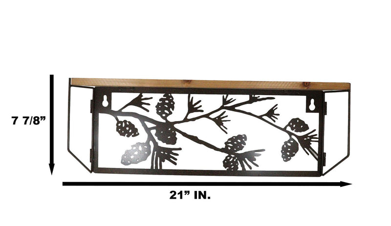 Western Rustic Forest Woodlands Pinecones Metal Cutout Wall Hanging Wood Shelf