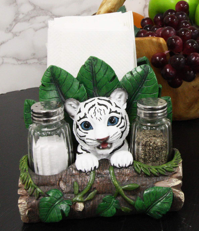 Ebros Rainforest White Tiger Cub Dinner Napkins & Salt Pepper Shakers Holder Set