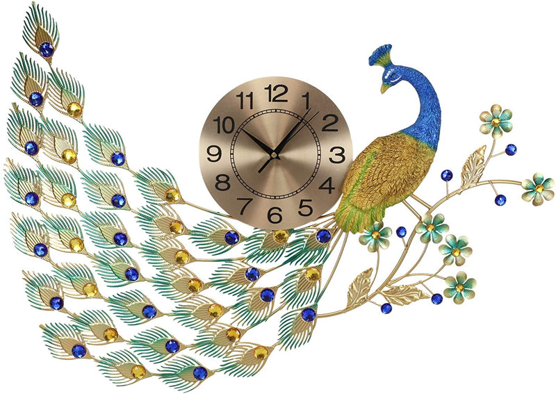 Ebros 30" Wide Large Iridescent Peacock Gold Plated Metal Wall Clock Analog Face - Ebros Gift