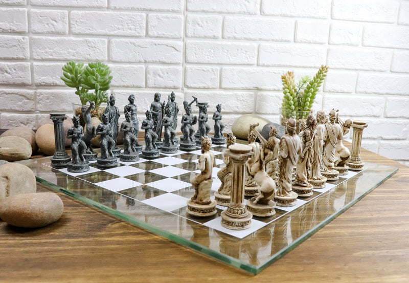 Ebros Olympus War Greek Olympian Gods Demigods Resin Chess Pieces With Glass Board Set