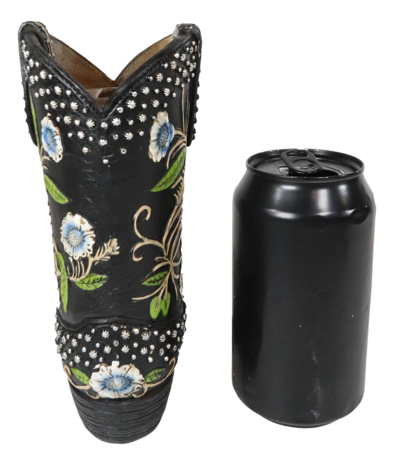 Western Cowboy Black Tooled Leather Floral Vines Cowboy Boot Pen Holder Vase