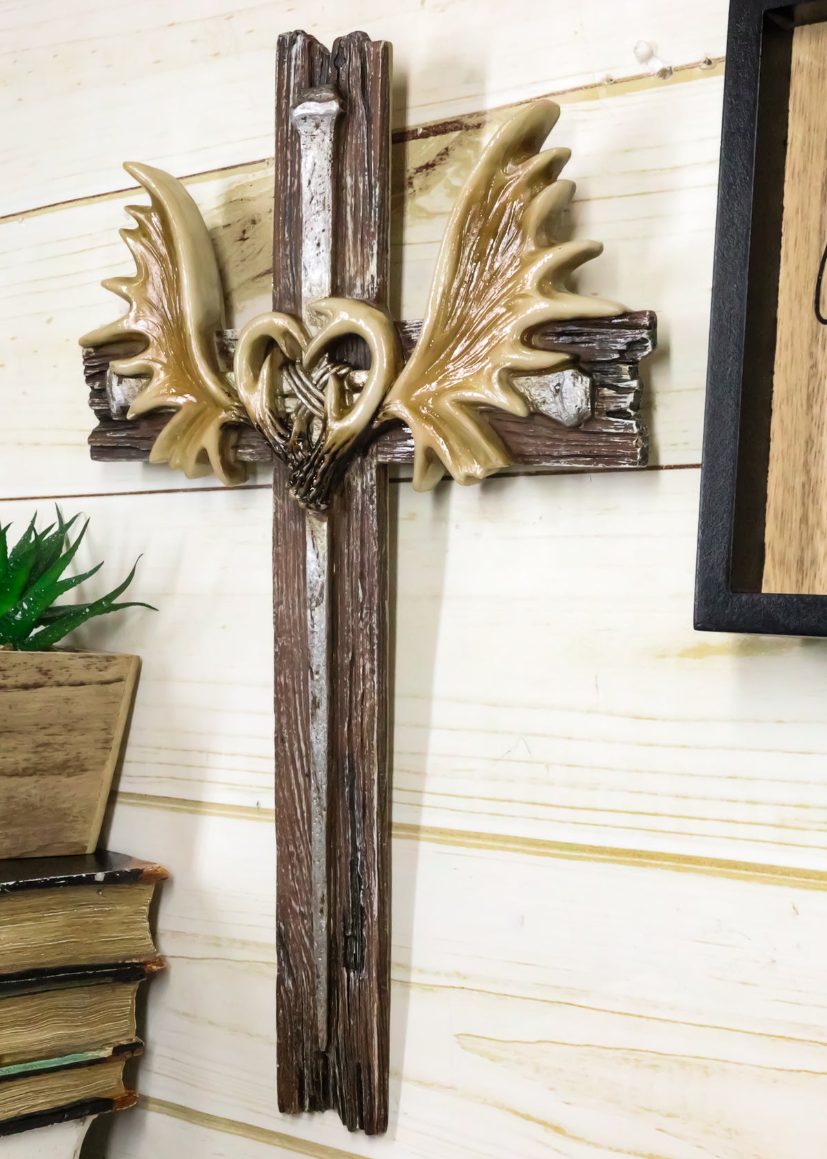 Inspirational Grand Elk Moose Bone Antlers with Spike Nails Faux Wood Wall Cross