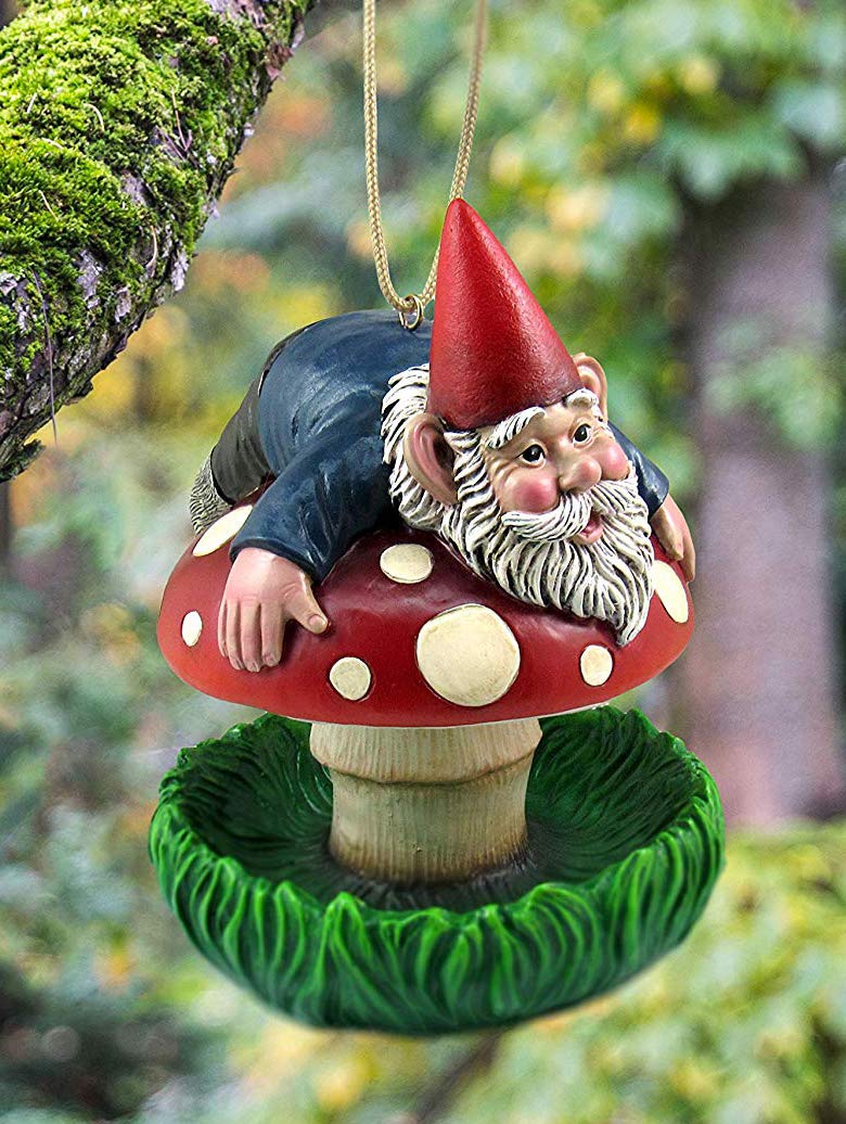 Ebros Naughty Gnome Stuck On Toadstool Mushroom Cap Bird Feeder Branch Hanger - Ebros Gift