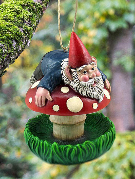 Ebros Naughty Gnome Stuck On Toadstool Mushroom Cap Bird Feeder Branch Hanger - Ebros Gift