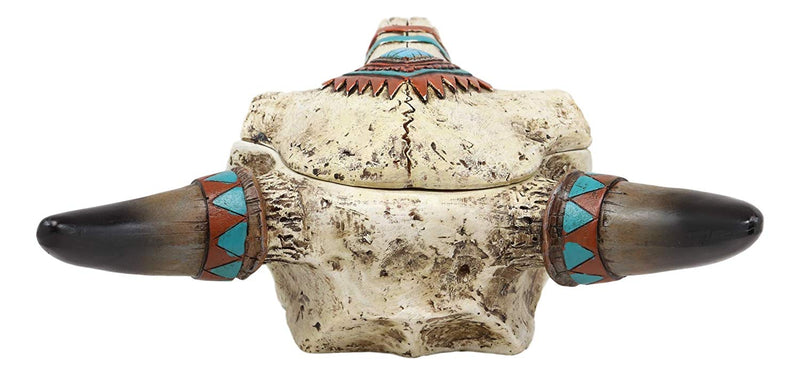 Ebros Southwest Western Steer Bull Cow Skull with Turquoise Diamond Design Jewelry Box Figurine Accent 10.5" Long DOD Day of The Dead Macabre Skulls Trinkets Keys Knick Knacks Coins Storage Container