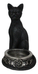 Wicca Gothic Black Cat With Triple Moon Rose Tea Light Votive Candle Holder