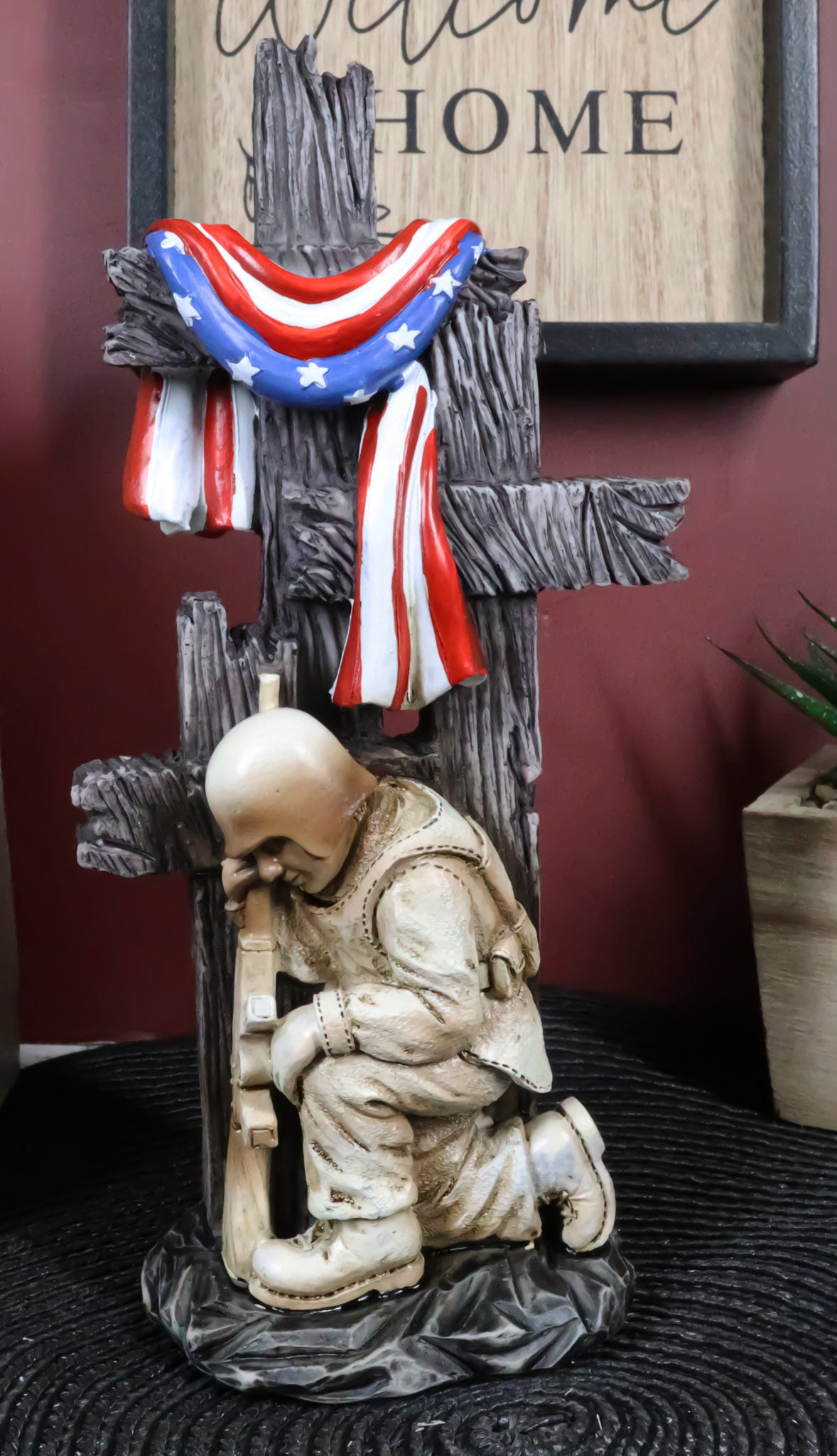 Kneeling Soldier In Prayer By 3 Rugged Crosses American Flag Memorial Figurine - Ebros Gift