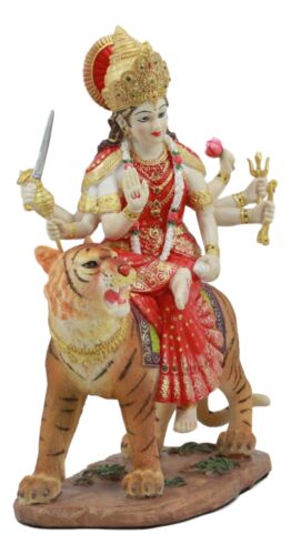 Hindu Goddess Durga Wearing Red Sari Riding On Tiger Figurine 8.5" Tall Statue
