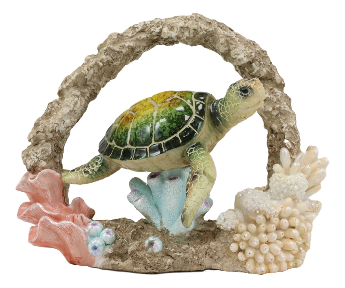 Ebros Large Nautical Marine Green Sea Turtle Swimming By Coral Reef Decor Statue