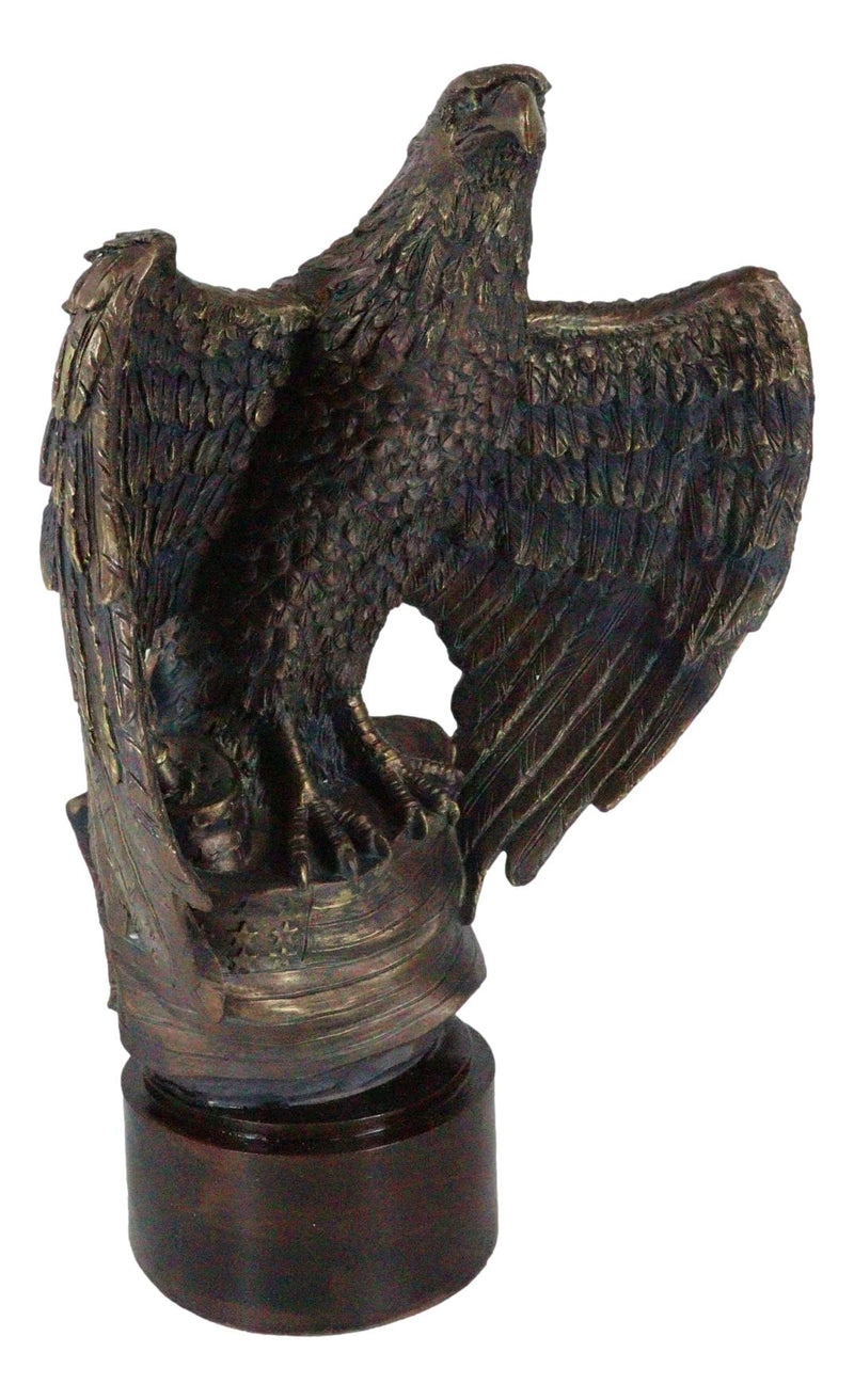 Large Grand Bald Eagle Perching On USA American Flag Figurine With Round Base