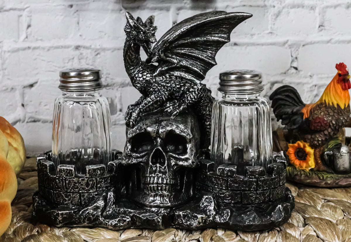 Medieval Dragon On Oversized Skull By Castle Towers Salt Pepper Shakers Holder - Ebros Gift