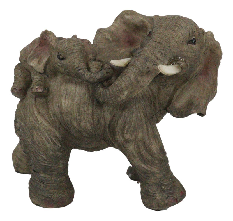 Small Wildlife Elephant Father Piggybacking Playful Calf Figurine 5.25"L