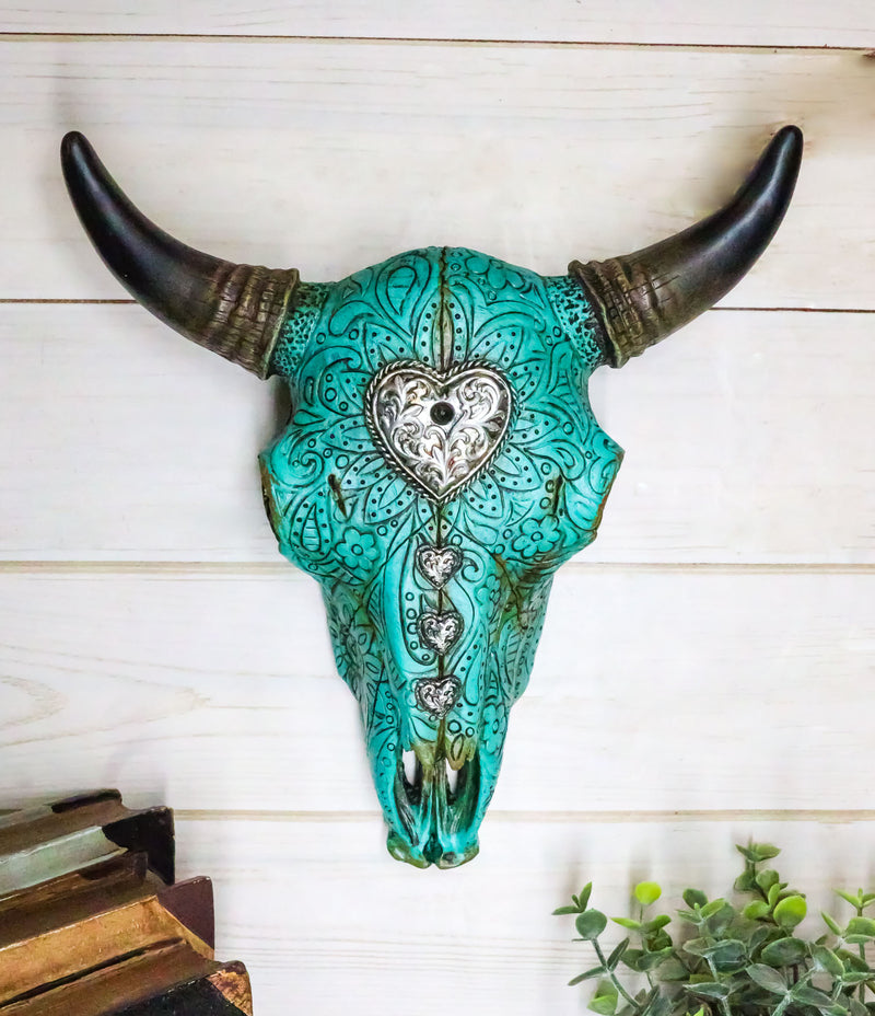 10"L Southwest Steer Bison Bull Cow Skull Turquoise With Scroll Heart Wall Decor - Ebros Gift