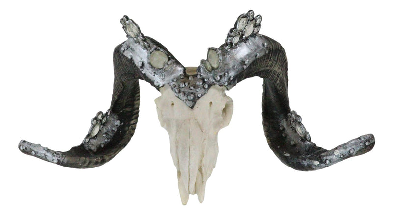Ornate Crystal Gems Silver Bolted Bighorn Sheep Ram Skull Desktop Or Wall Plaque