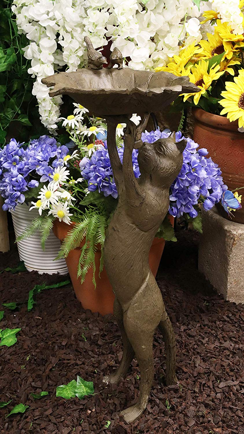 Ebros Cast Iron Whimsical Curious Cat Hanging On Branch with 2 Birds in Nest Bird Feeder Or Bath Statue 24.75" Tall for Garden Patio Lawn Outdoors Decorative Accent Sculpture
