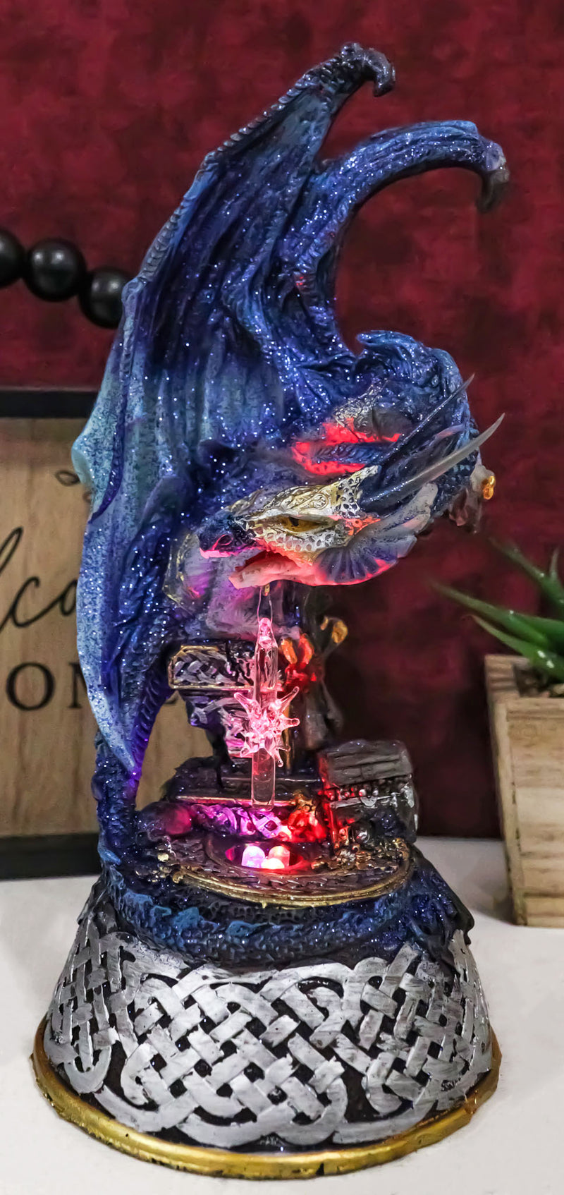 Midnight Armored Dragon On Celtic Knot Pedestal Figurine With LED Crystal Light