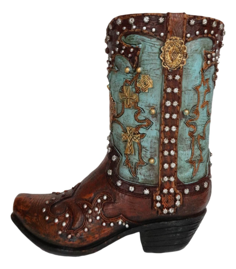 Set Of 3 Rustic Country Turquoise Cross Western Star And Frills Boot Vase Decors