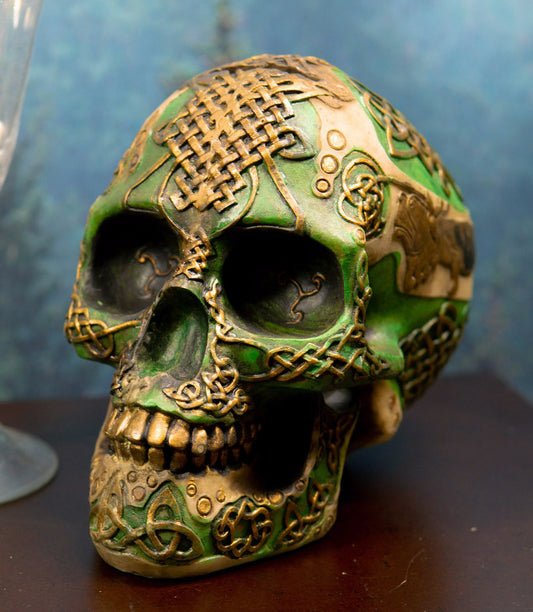 Ebros Gift Celtic Knotwork Shamrock Lion Green Gold Skull Money Bank Figurine Ossuary Labyrinth Dark Arts Decor Statue