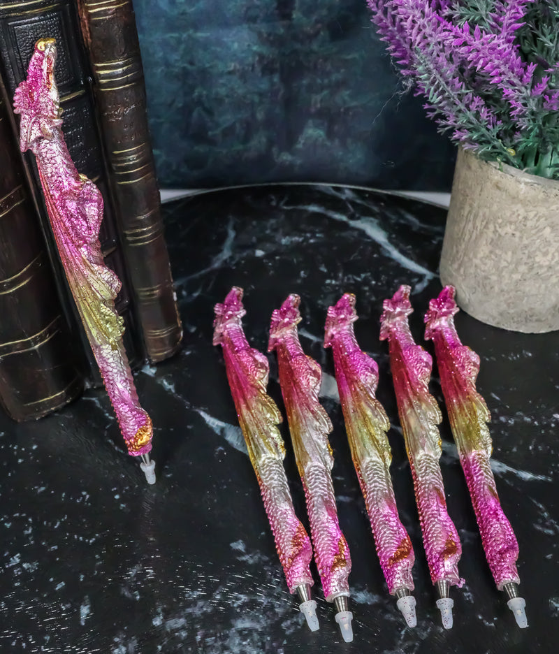 Pack Of 6 Fire Ink Glittered Metallic Pink And Gold Spirit Dragon Pen Figurines