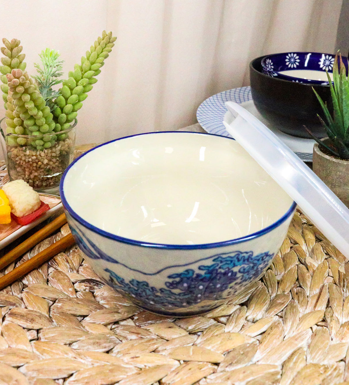 Ebros Set of 2 Ceramic Blue Hokusai Great Wave Portion Meal Bowls 3 Cups Airtight Lid
