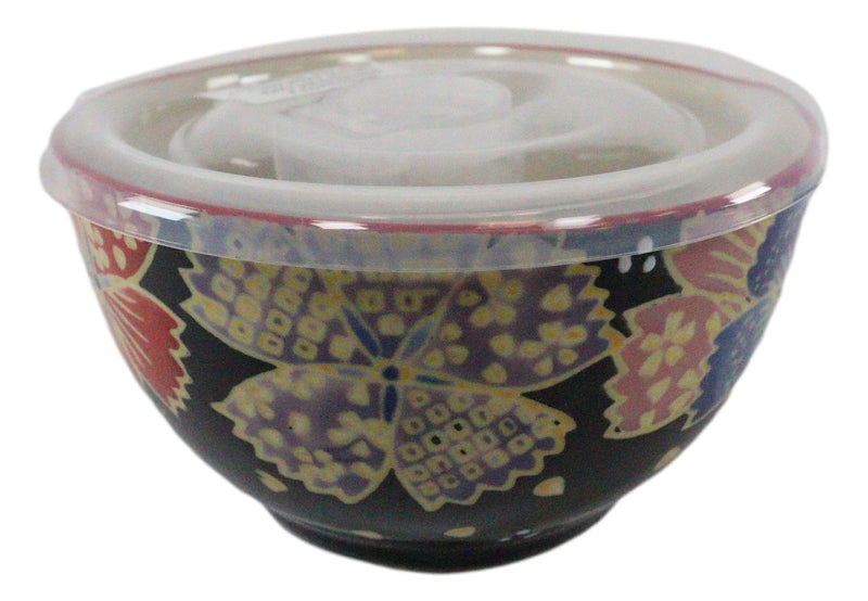 Ebros Set of 2 Ceramic Midnight Floral Blooms Portion Meal Bowls 2 Cups Airtight Lid