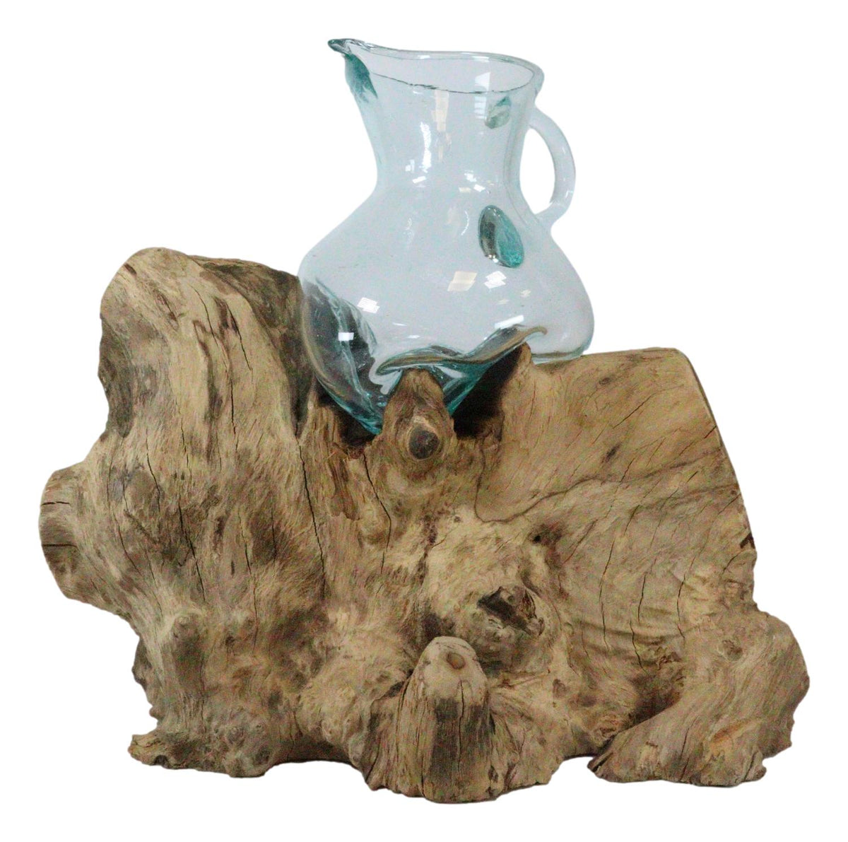 Set Of 2 Balinese Natural Gamal Wood Driftwood With Molten Glass Water Jugs