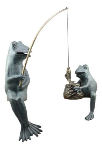 Ebros Large Verdi Green Aluminum Mama Frog and Baby Frog Fishing Garden Statue Bonding Time Whimsical Frog Themed Pond Patio Poolside Decorative Edge Sitter Sculpture Figurine