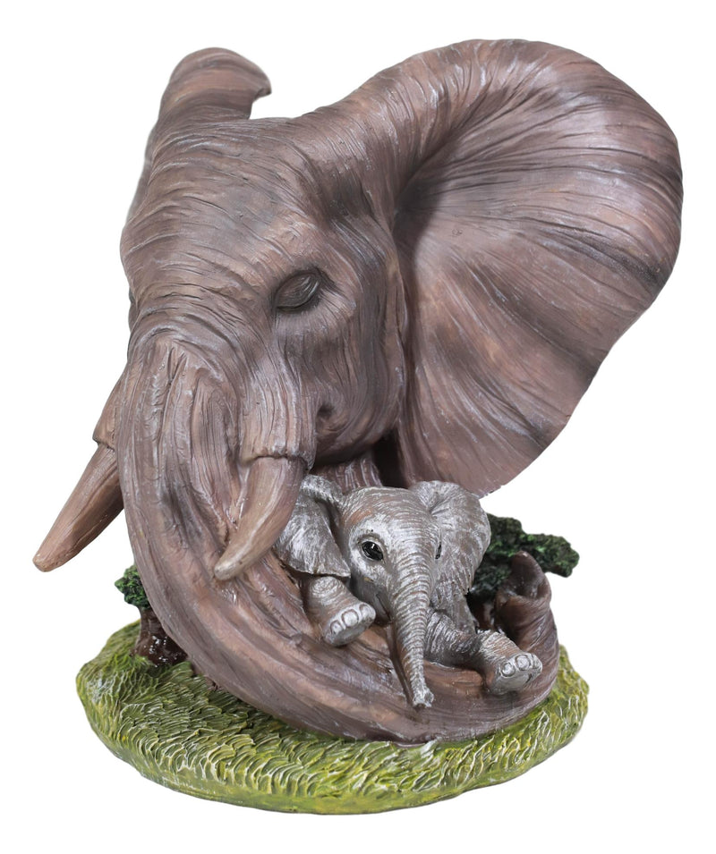 Noble Guardian Safari Elephant Protecting Calf by Green Grasslands Statue 12" H