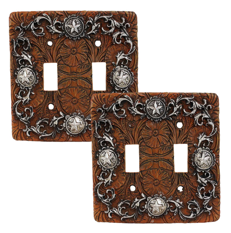 Set of 2 Western Stars And Tooled Lace Scroll Wall Double Toggle Switch Plates