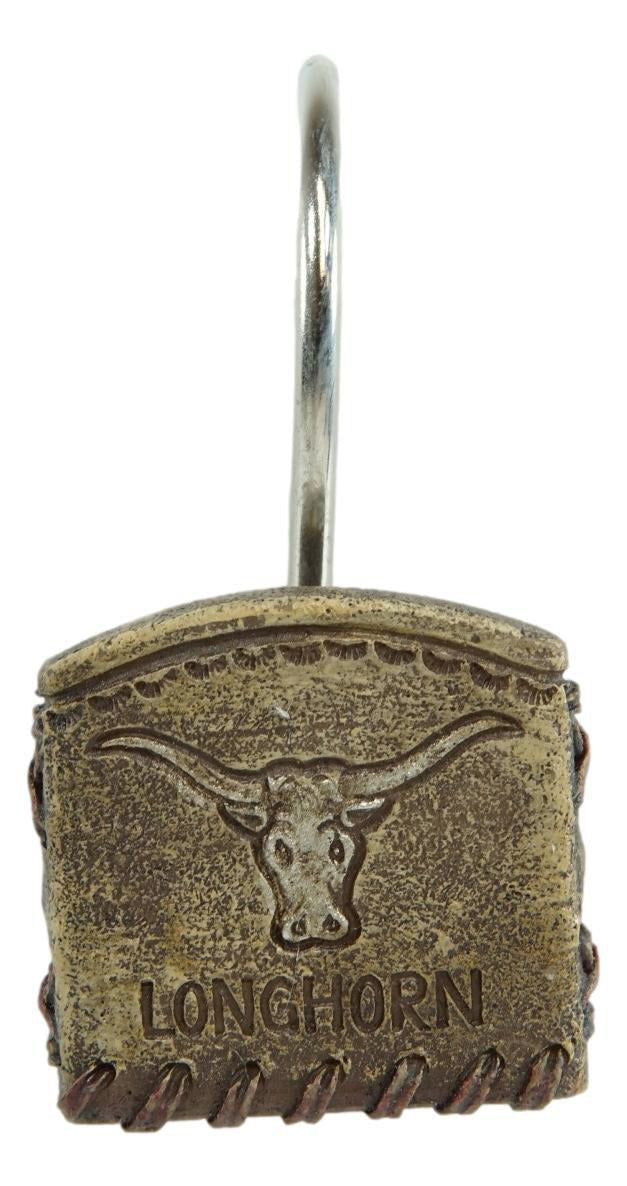 Rustic Texas Longhorn Cow In Tan Faux Leather Bathroom Shower Curtain Hooks 12pk