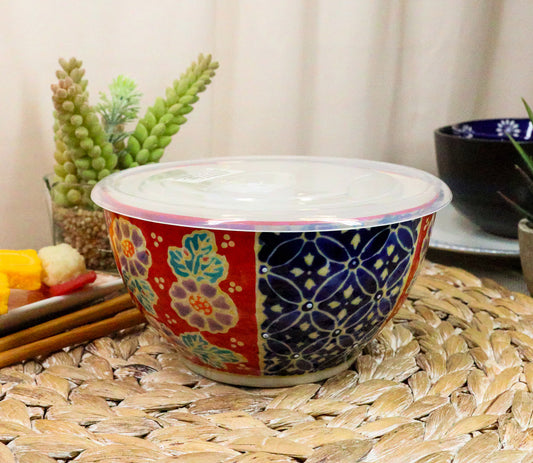 Ebros Set of 2 Ceramic Blue Red Floral Patterns Portion Meal Bowls 3 Cups Airtight Lid