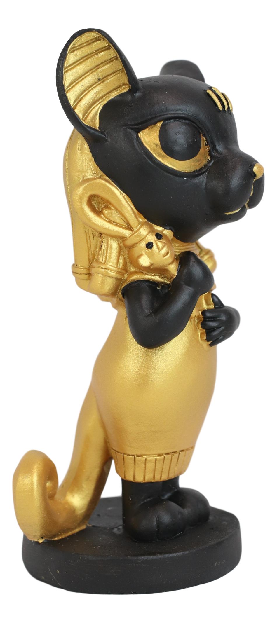 Egyptian Goddess Cat Bastet Holding Ankh Black Gold Finish Chibi Small Figurine
