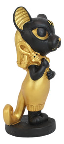 Egyptian Goddess Cat Bastet Holding Ankh Black Gold Finish Chibi Small Figurine