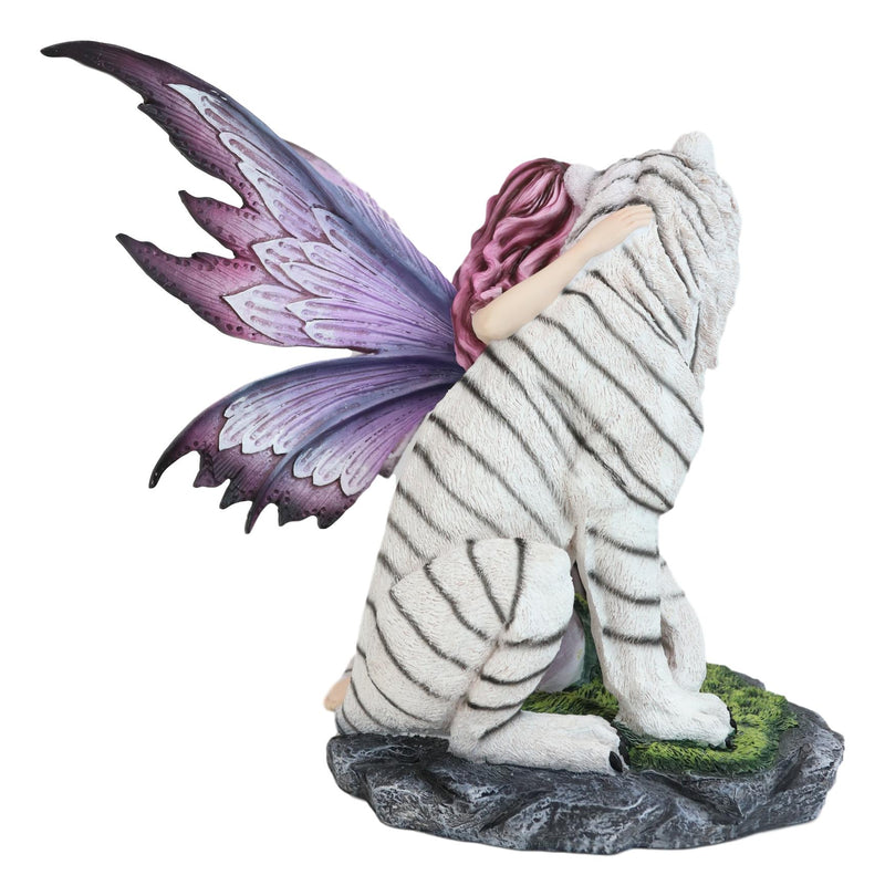 Large Lavender Fairy Embracing Siberian White Tiger Statue Fantasy Home Decor