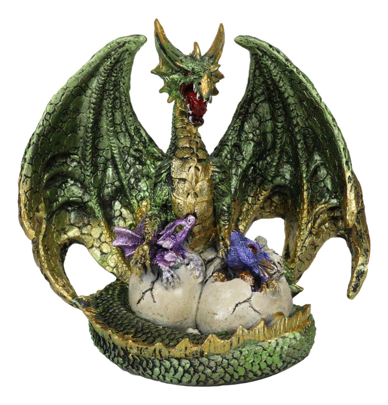 Metallic Green Gold Terra Mother Dragon Guarding 2 Wyrmlings In Eggs Figurine
