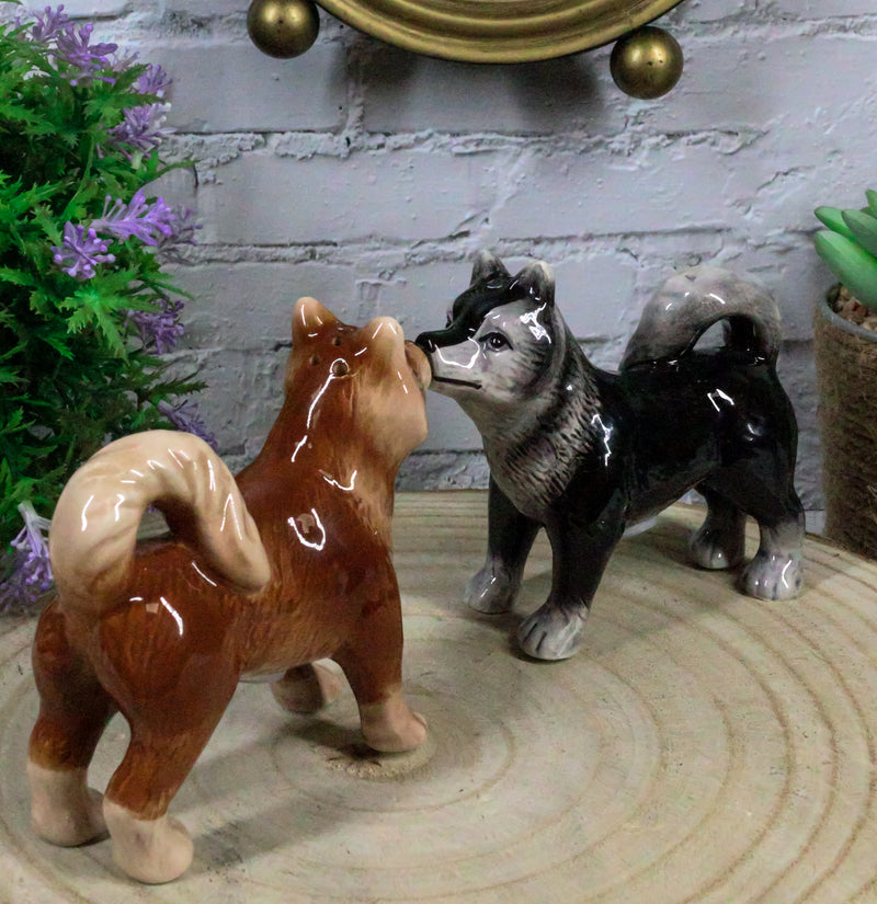 Ebros Animated Dog Siberian Huskies Salt and Pepper Shakers Ceramic Magnetic Figurine Set 4" L Pedigree Dogs Husky Breed Brown and Black Coat Kissing Collectible Figurines Kitchen Decorations - Ebros Gift