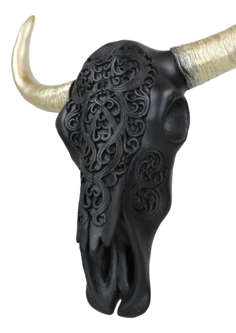Black And Gold Tribal Floral Tattoo Tooled Filigree Bull Cow Skull Wall Decor