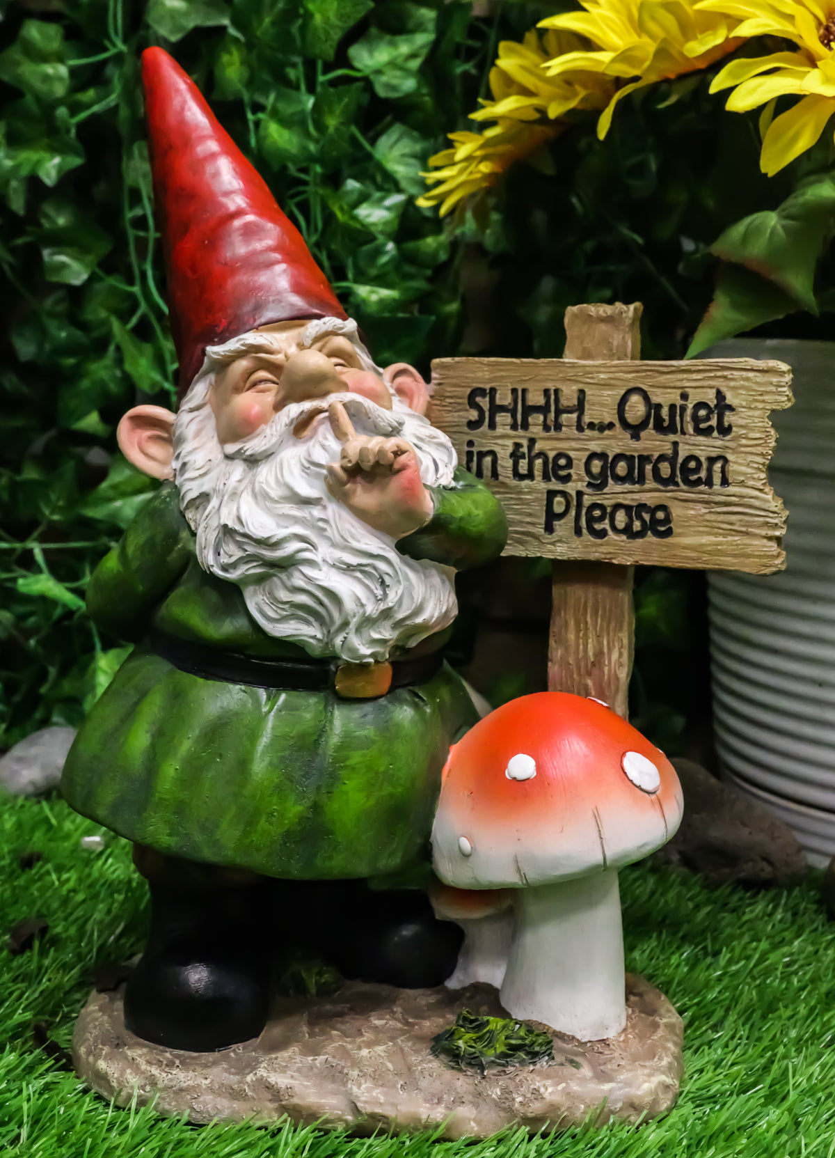 Whimsical Garden Gnome With Toadstool Mushroom And SHHH Quiet Yard Sign Statue