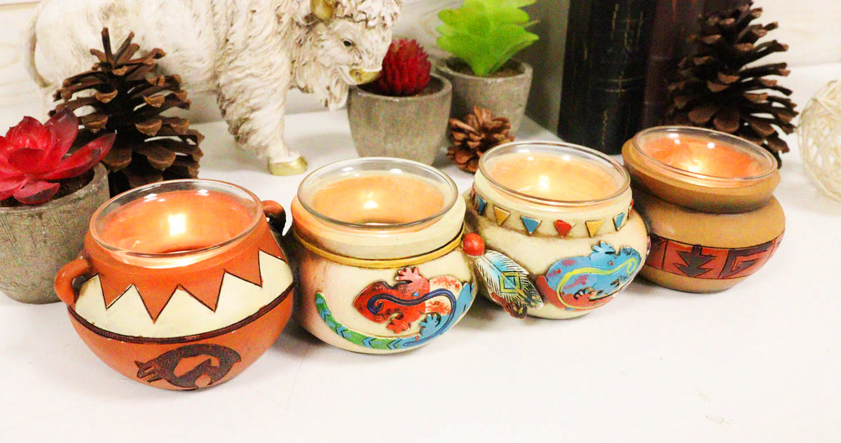 Southwest Pueblo Aztec Symbols Jars 4 Votive Tea Light Candles Holder Sculpture