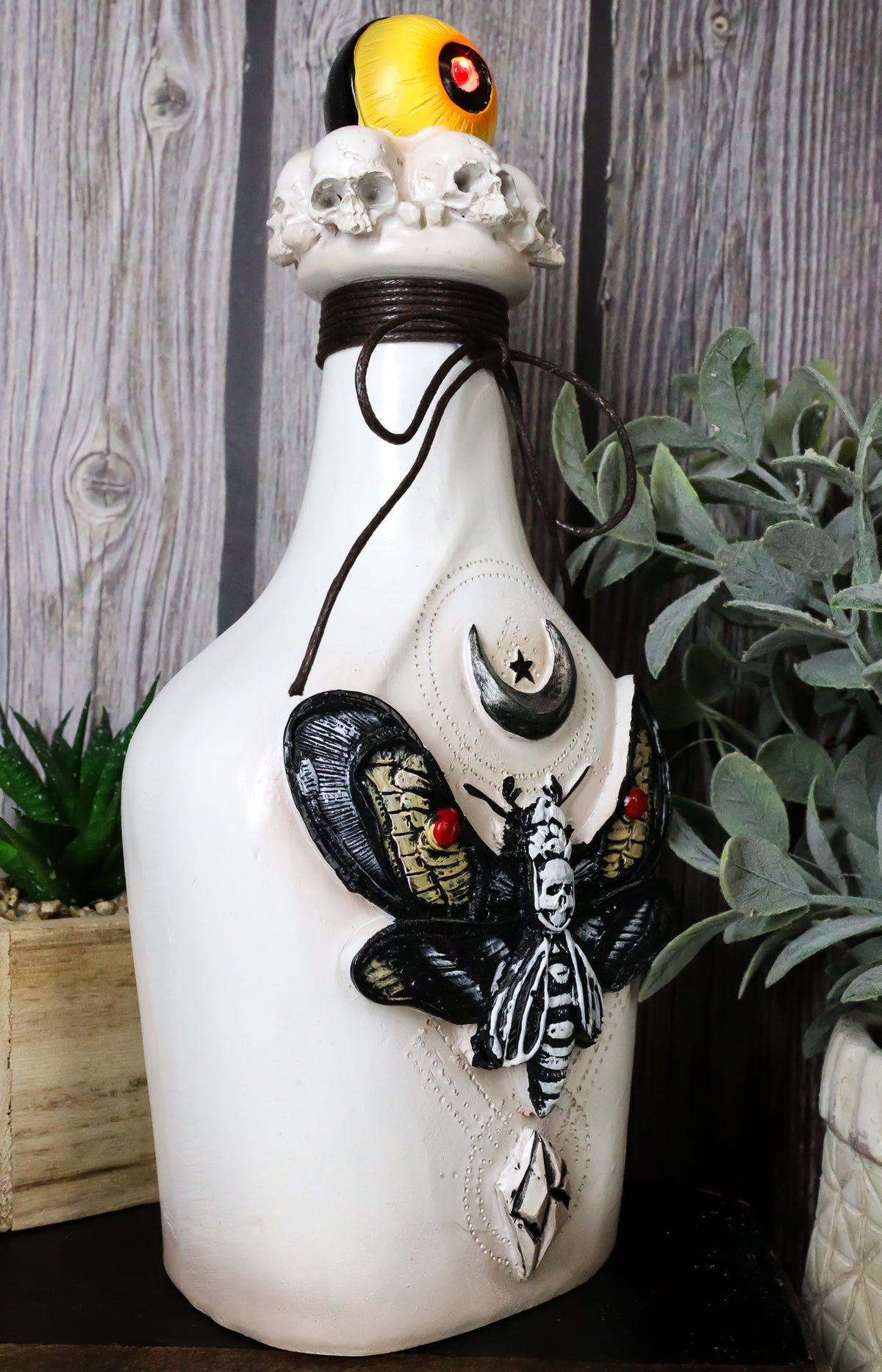 Wicca Black Skull Moth Crescent Moon And LED Witch Eyeball Faux Potion Bottle