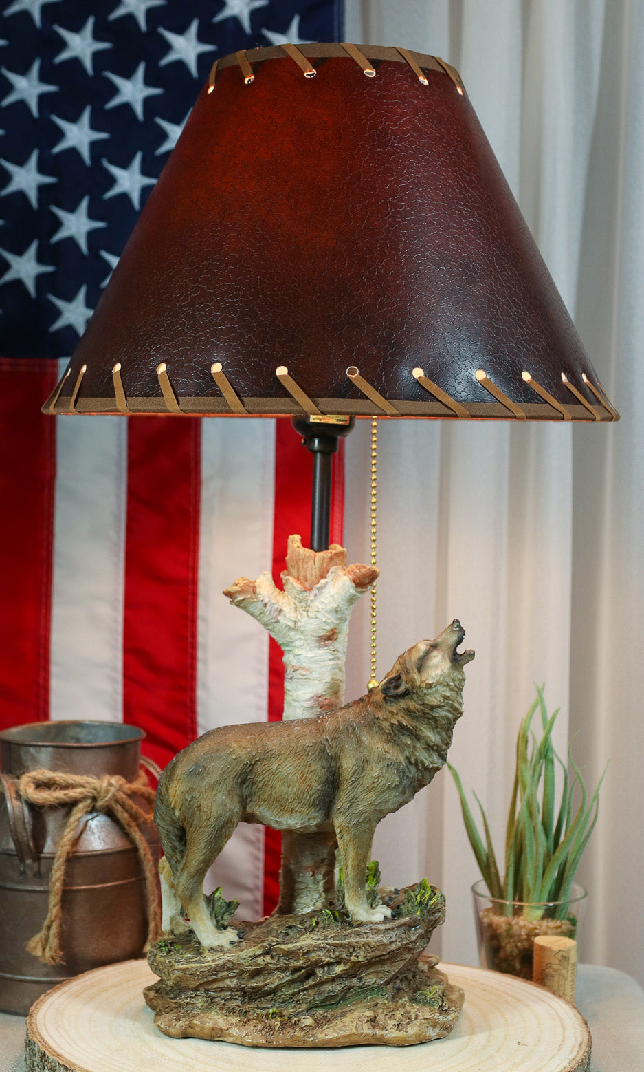 Rustic Wildlife Grey Wolf Howling By Birchwood Tree Table Lamp With Laced Shade - Ebros Gift