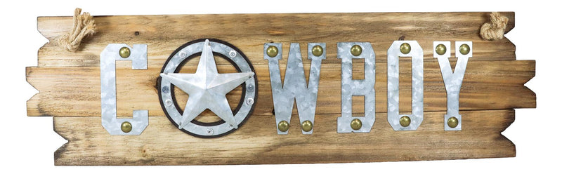25"L Rustic Metal Western Star Cowboy Sign On Wooden Plank Wall Or Door Plaque
