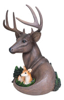 Rustic 8 Point Buck Deer With Whitetail Fawn By Pine Trees Faux Wood Figurine