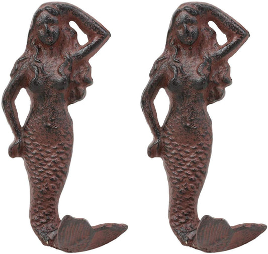 Ebros Gift 6" Tall Cast Iron Rustic Vintage Finish Wall Coat Hook Mermaids Decorative Accent Hooks for Keys Leashes Hats (2) - Ebros Gift