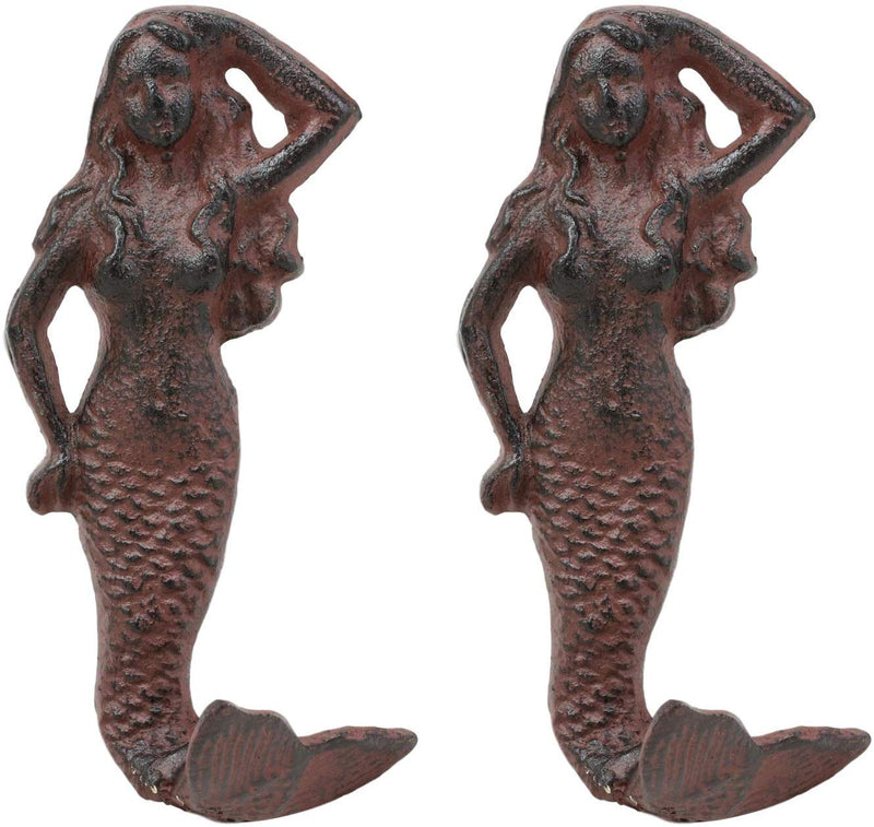 Ebros Gift 6" Tall Cast Iron Rustic Vintage Finish Wall Coat Hook Mermaids Decorative Accent Hooks for Keys Leashes Hats (2)