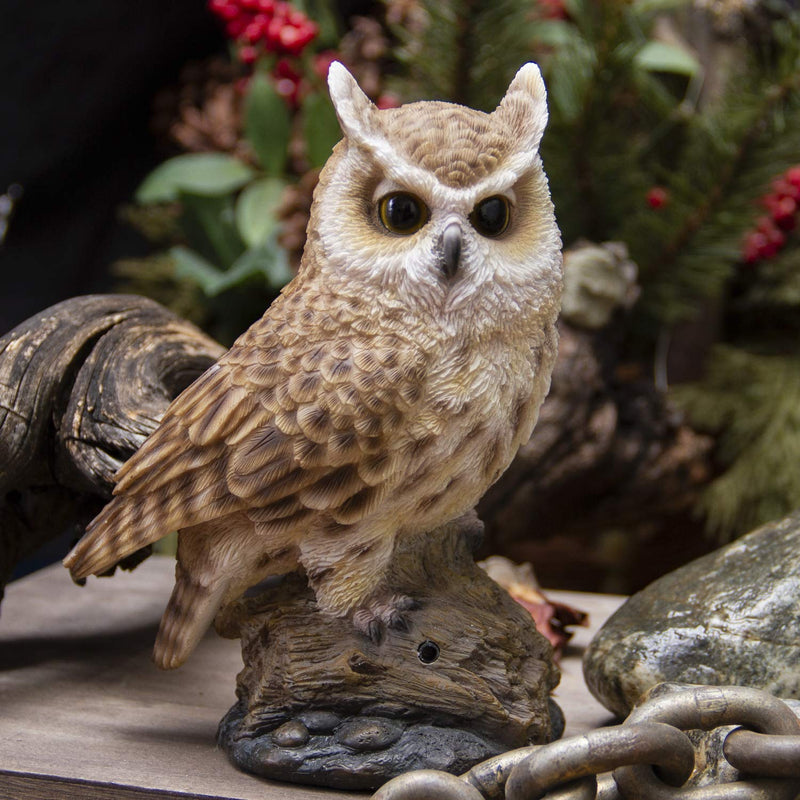 Ebros Gift Eagle Owl Perching on Branch with Singing Bird Sound Figurine 6.5"H