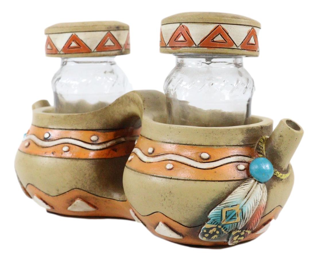Southwest Indian Turquoise Feathers Pottery Jars Salt And Pepper Shakers Holder - Ebros Gift